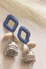 Blue Fabric, Mirror and Shells Jhumka Earrings