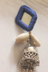 Blue Fabric, Mirror and Shells Jhumka Earrings