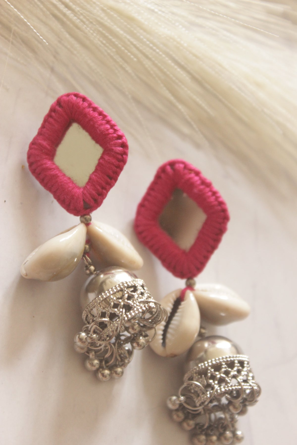 Pink Fabric, Mirror and Shells Jhumka Earrings