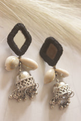 Black Fabric, Mirror and Shells Jhumka Earrings