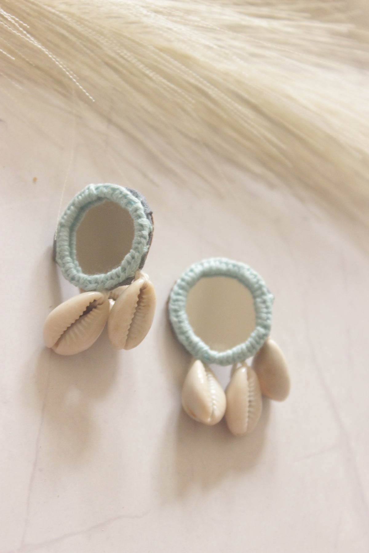 Blue Fabric, Mirror and Shells Earrings