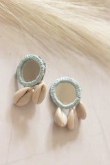 Blue Fabric, Mirror and Shells Earrings