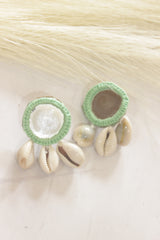 Green Fabric, Mirror and Shells Earrings