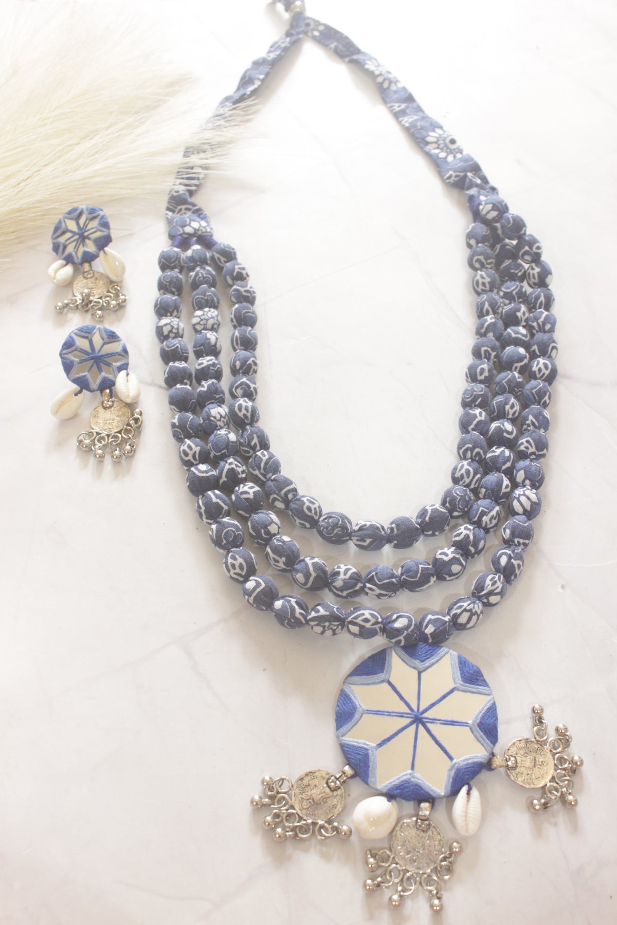 Indigo Block Print Fabric Bead Necklace Set with Mirror Work Pendant