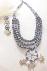Indigo Block Print Fabric Bead Necklace Set with Mirror Work Pendant