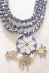 Indigo Block Print Fabric Bead Necklace Set with Mirror Work Pendant