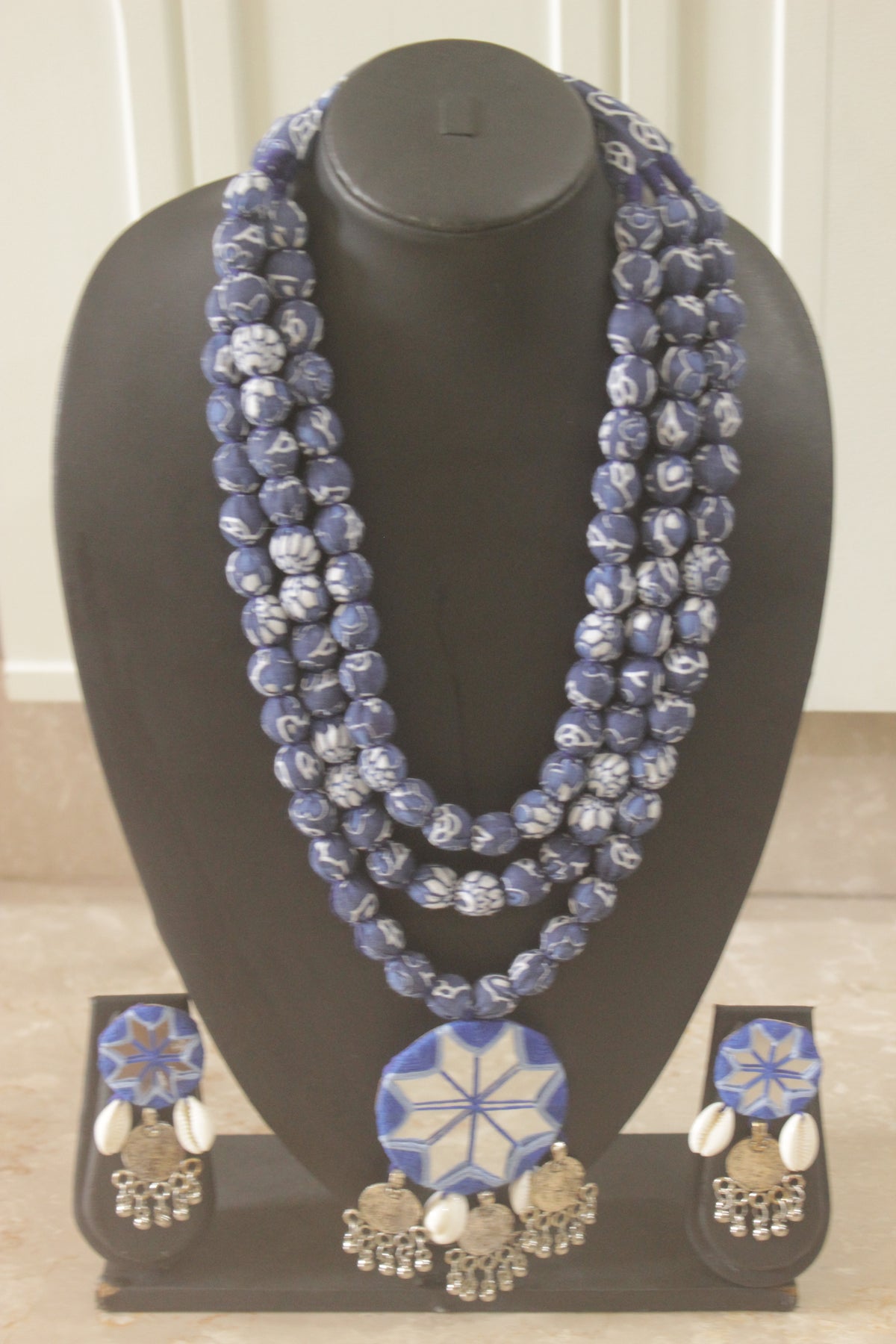Indigo Block Print Fabric Bead Necklace Set with Mirror Work Pendant