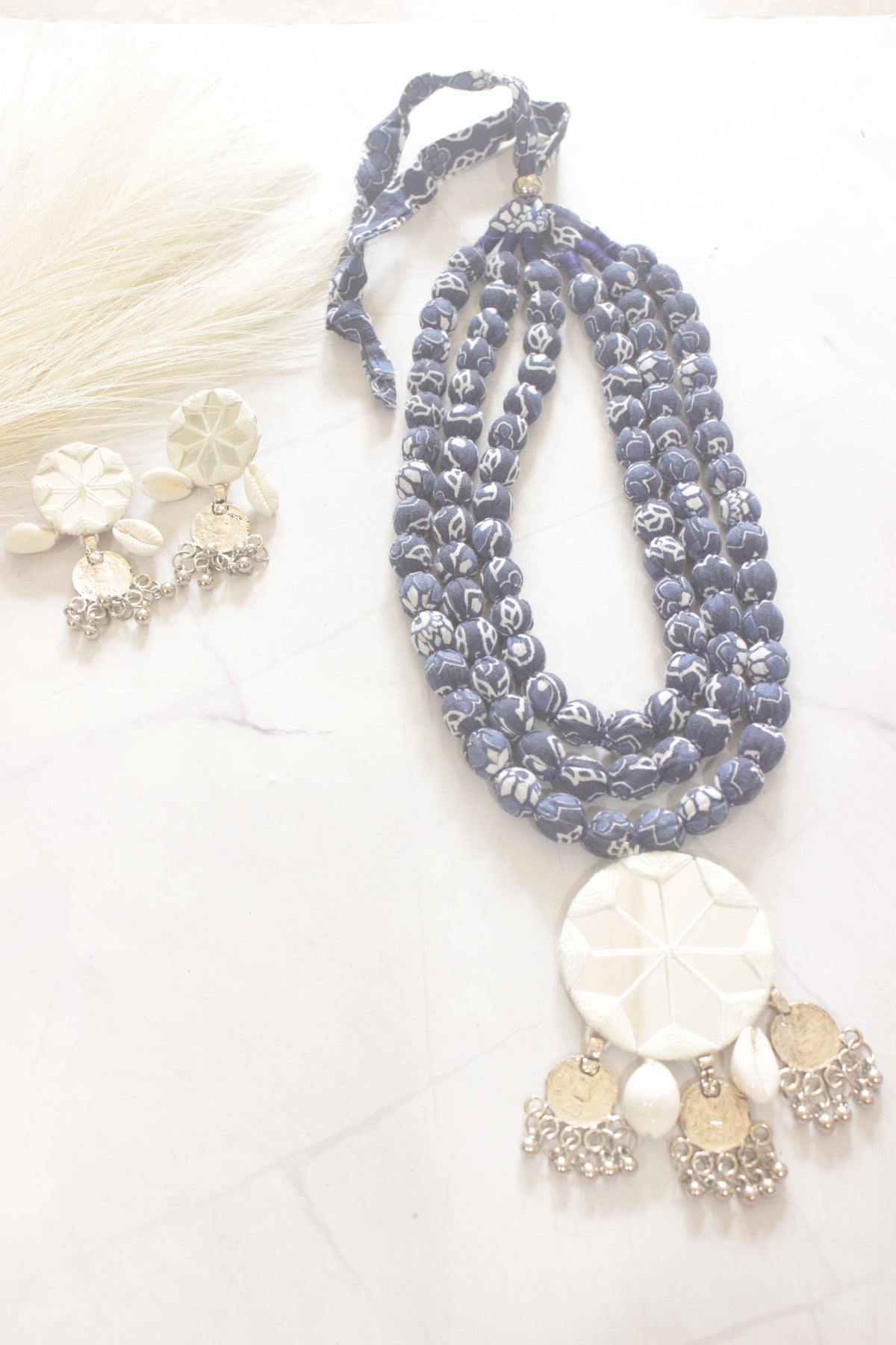 Indigo Block Print Fabric Bead Necklace Set with Mirror Work Pendant