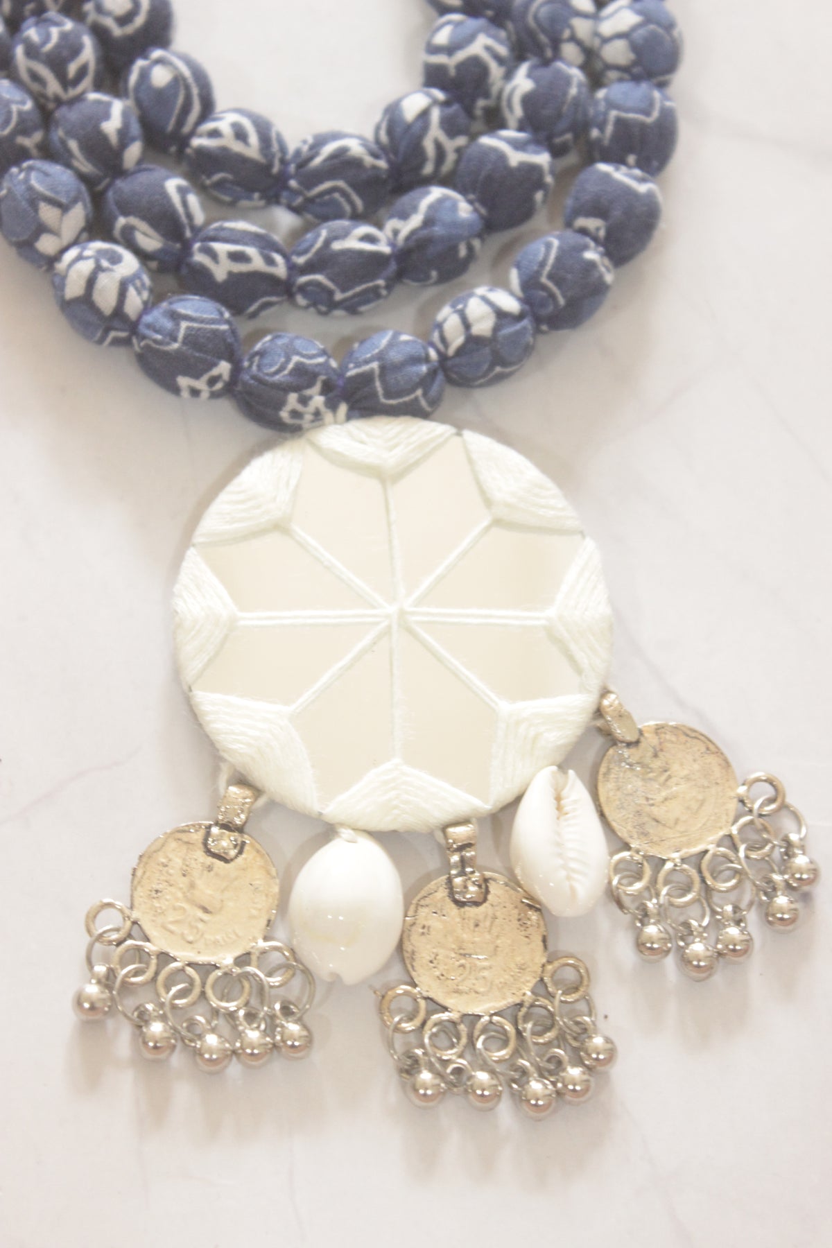 Indigo Block Print Fabric Bead Necklace Set with Mirror Work Pendant