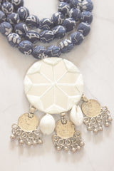 Indigo Block Print Fabric Bead Necklace Set with Mirror Work Pendant