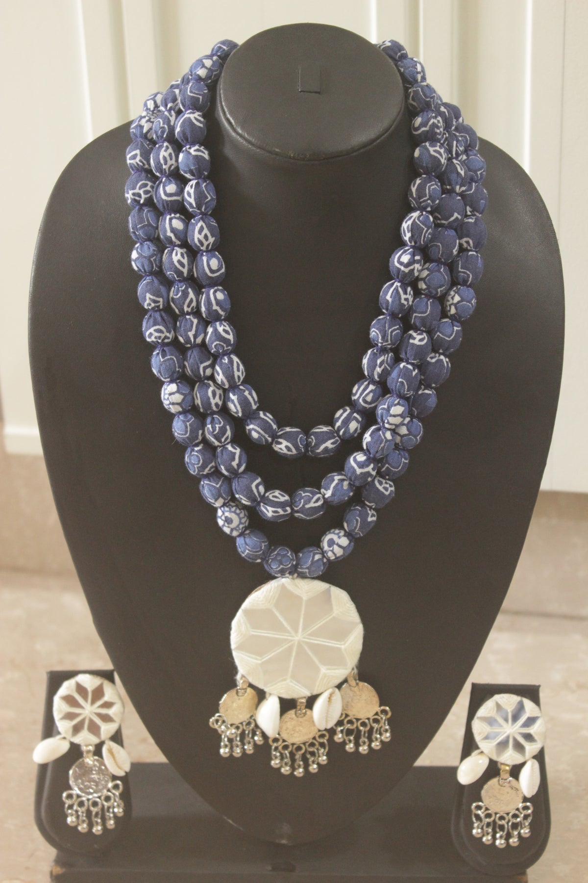 Indigo Block Print Fabric Bead Necklace Set with Mirror Work Pendant