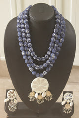 Indigo Block Print Fabric Bead Necklace Set with Mirror Work Pendant