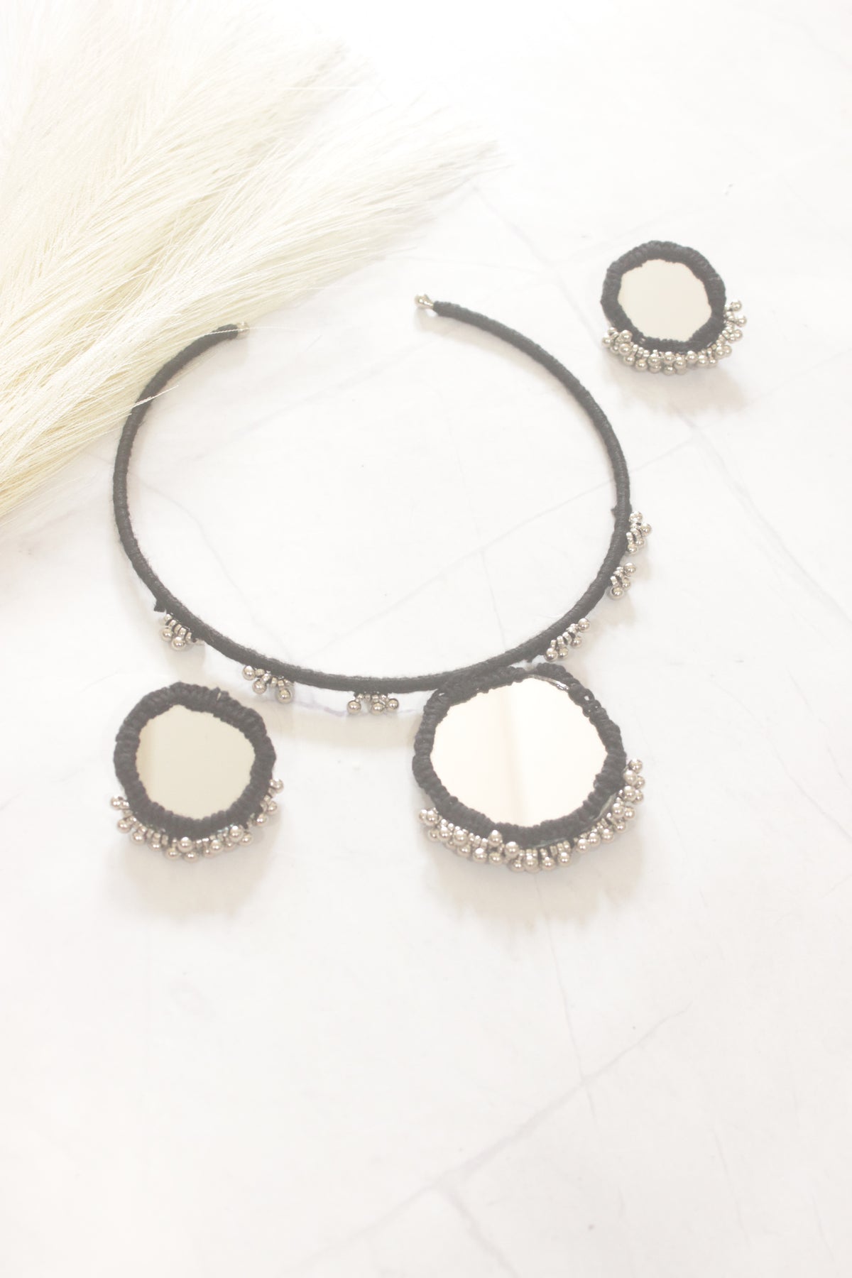 Black Fabric and Mirror Choker Necklace Set