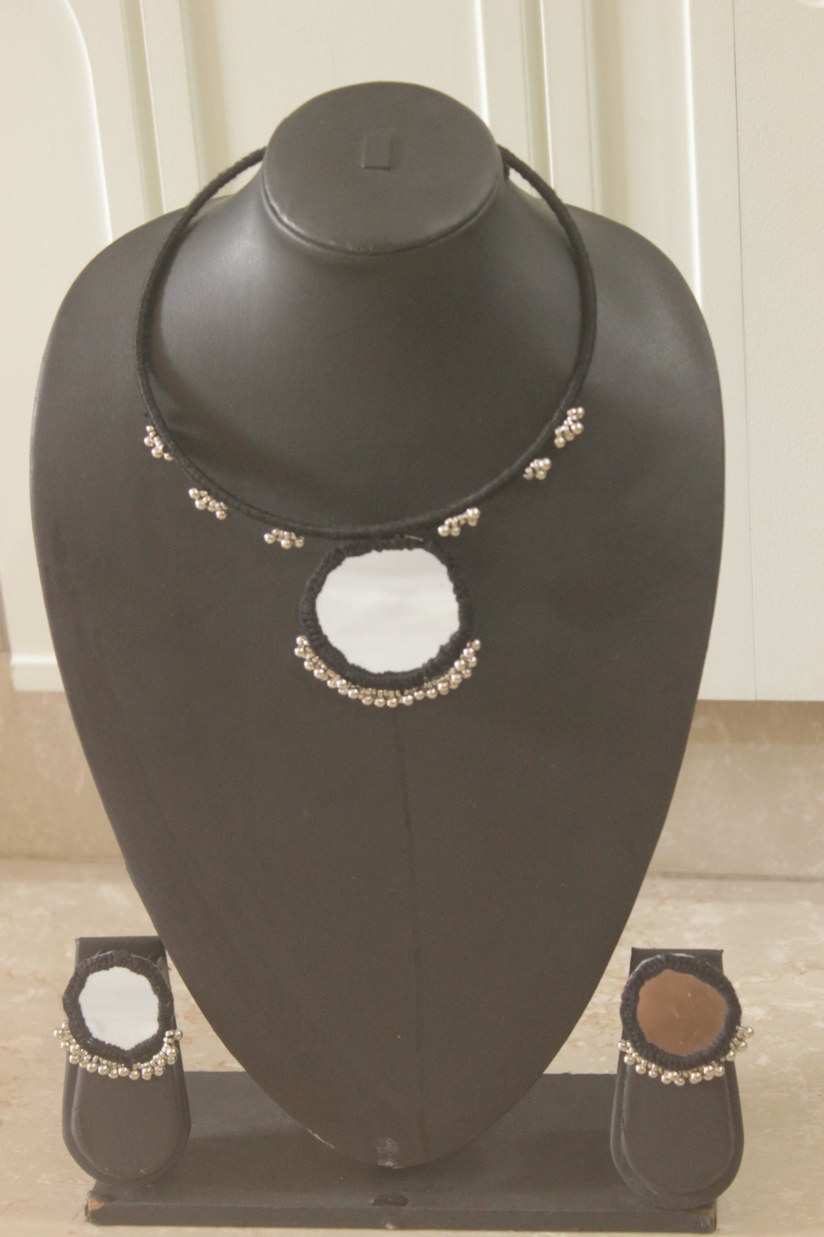 Black Fabric and Mirror Choker Necklace Set