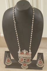 Silver Finish Metal Chain Necklace with Kalamkari Fabric Detailing