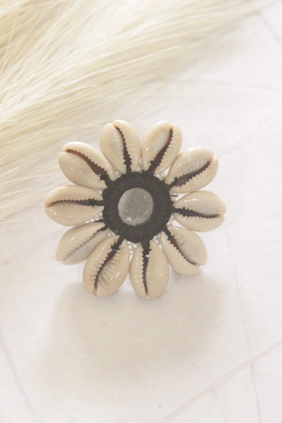 Black Fabric, Mirror and Shells Adjustable Size Ring