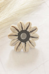 Black Fabric, Mirror and Shells Adjustable Size Ring