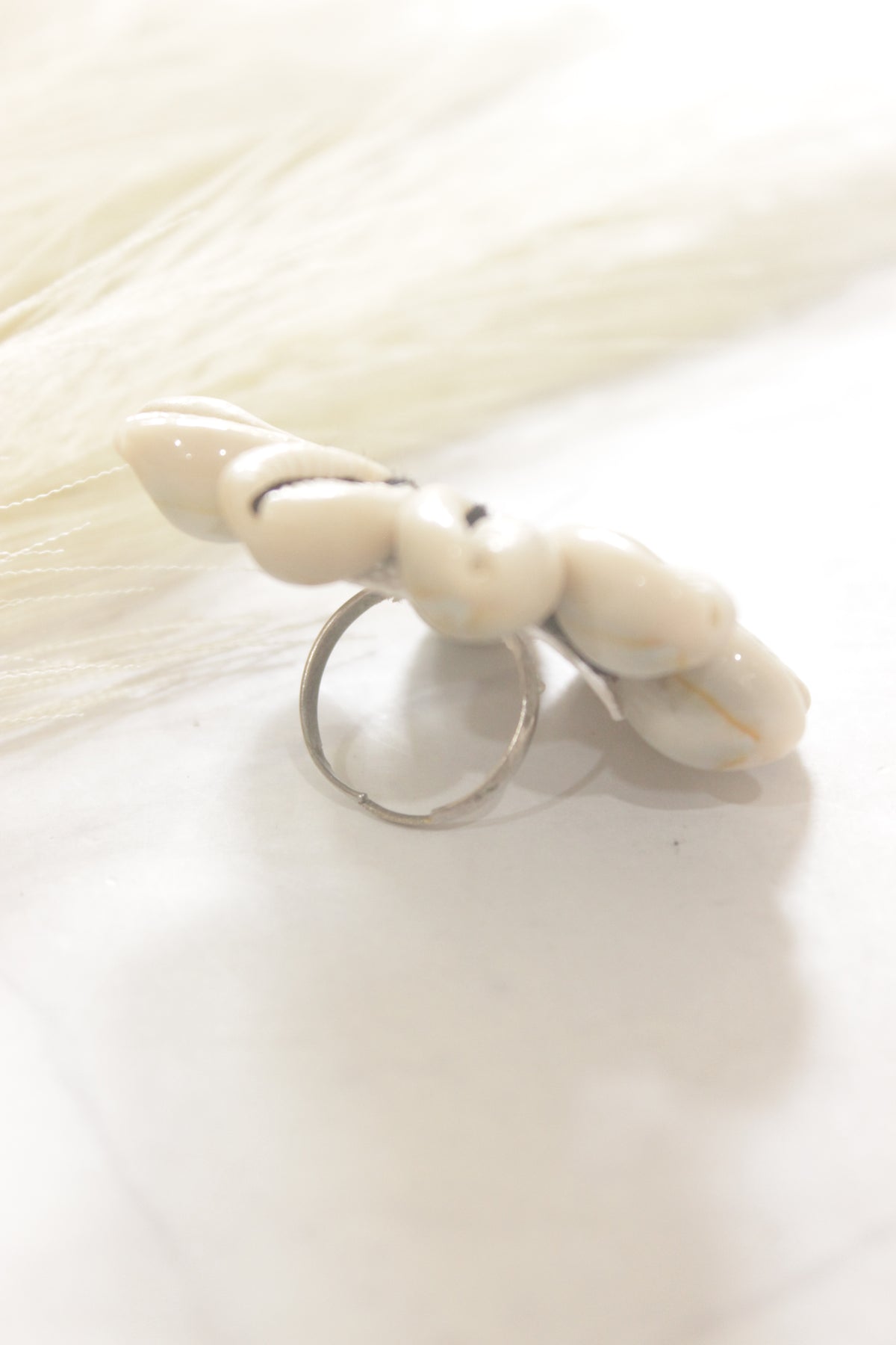 Blue Fabric, Mirror and Shells Adjustable Size Ring