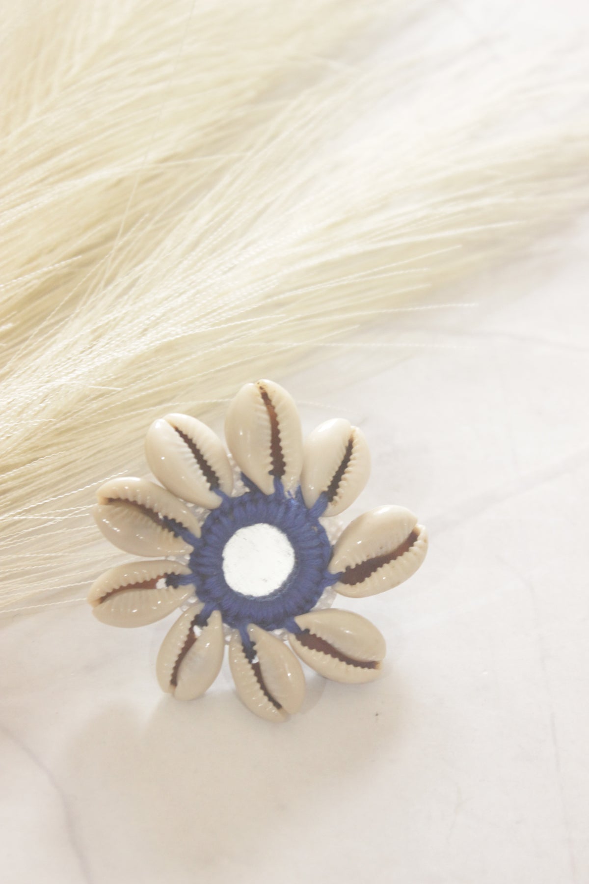 Blue Fabric, Mirror and Shells Adjustable Size Ring
