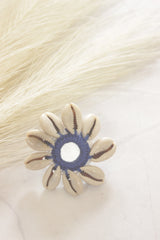 Blue Fabric, Mirror and Shells Adjustable Size Ring