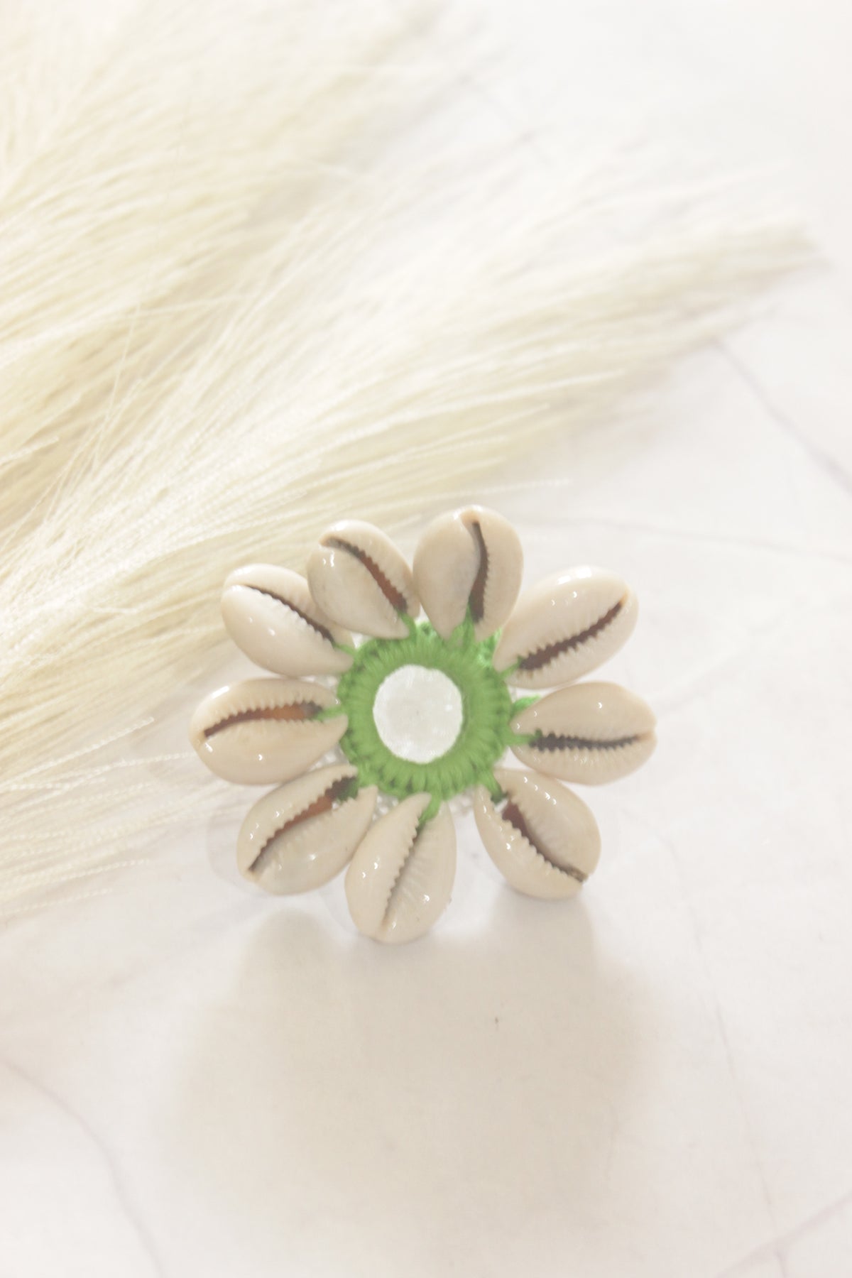 Sea Green Fabric, Mirror and Shells Adjustable Size Ring