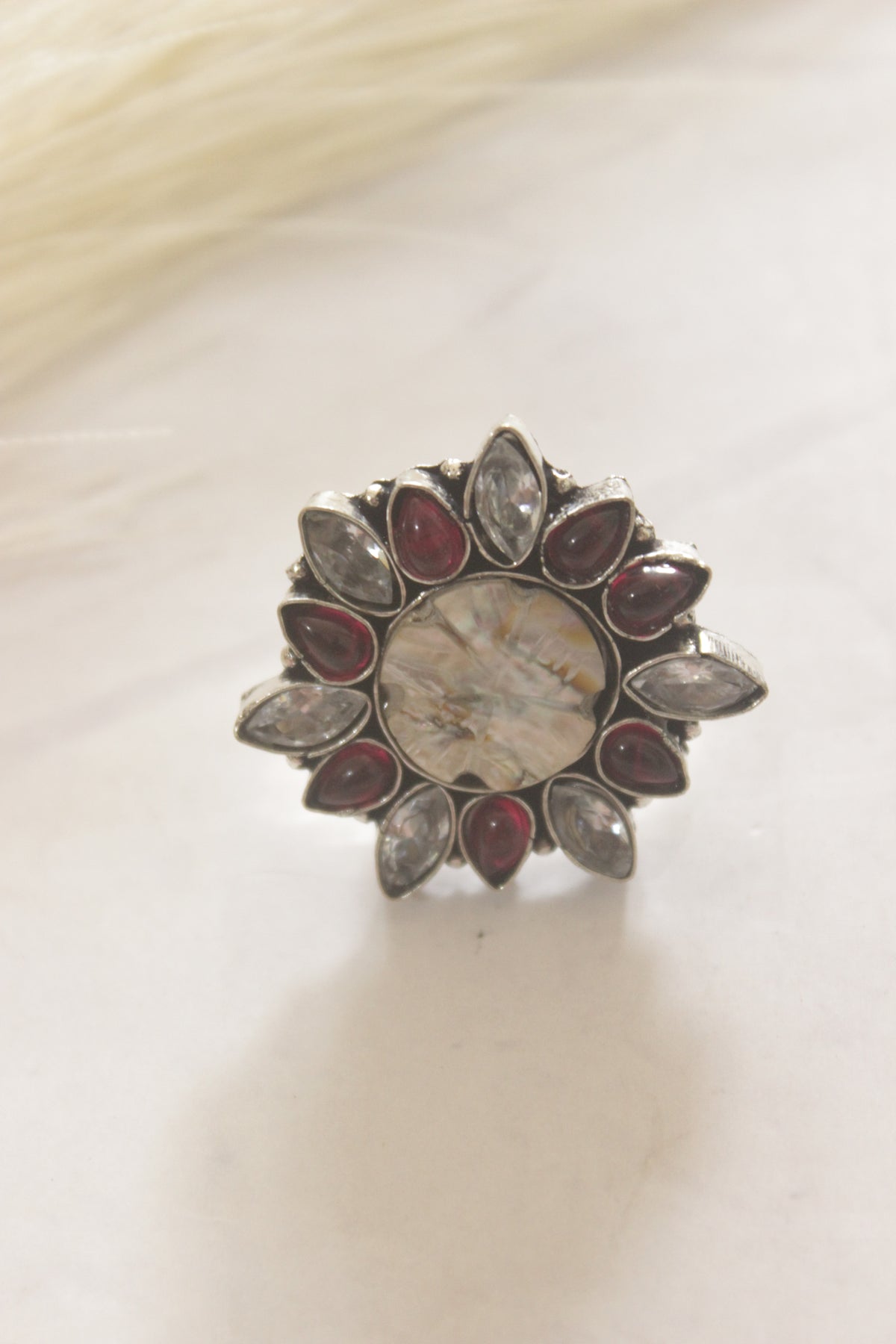 Red Glass Stones Embedded Oxidised Finish Statement Ring