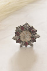 Red Glass Stones Embedded Oxidised Finish Statement Ring