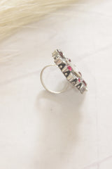 Red Glass Stones Embedded Oxidised Finish Statement Ring