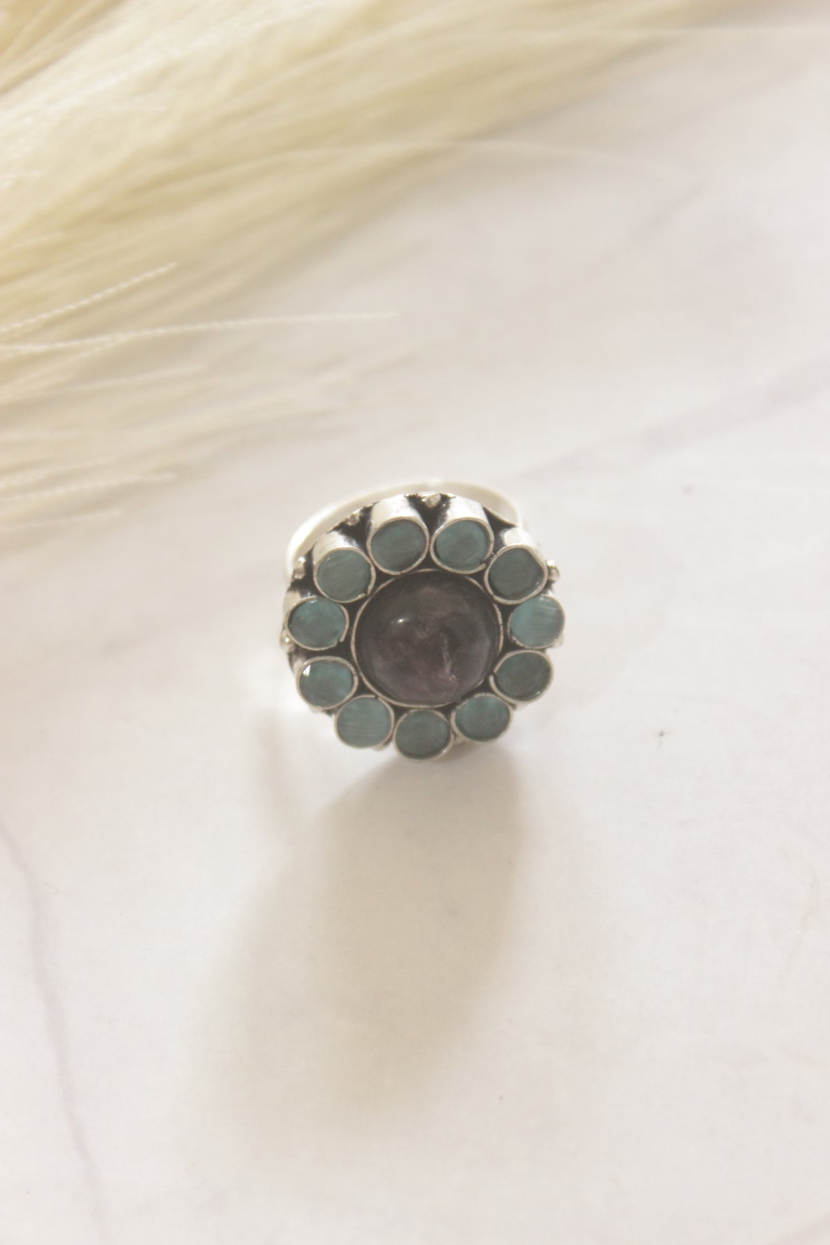 Turquoise Glass Stones Embedded Oxidised Finish Statement Ring