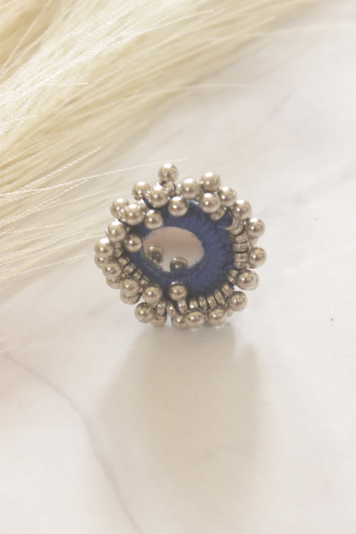 Blue Fabric, Mirror and Ghungroo Beads Adjustable Size Ring
