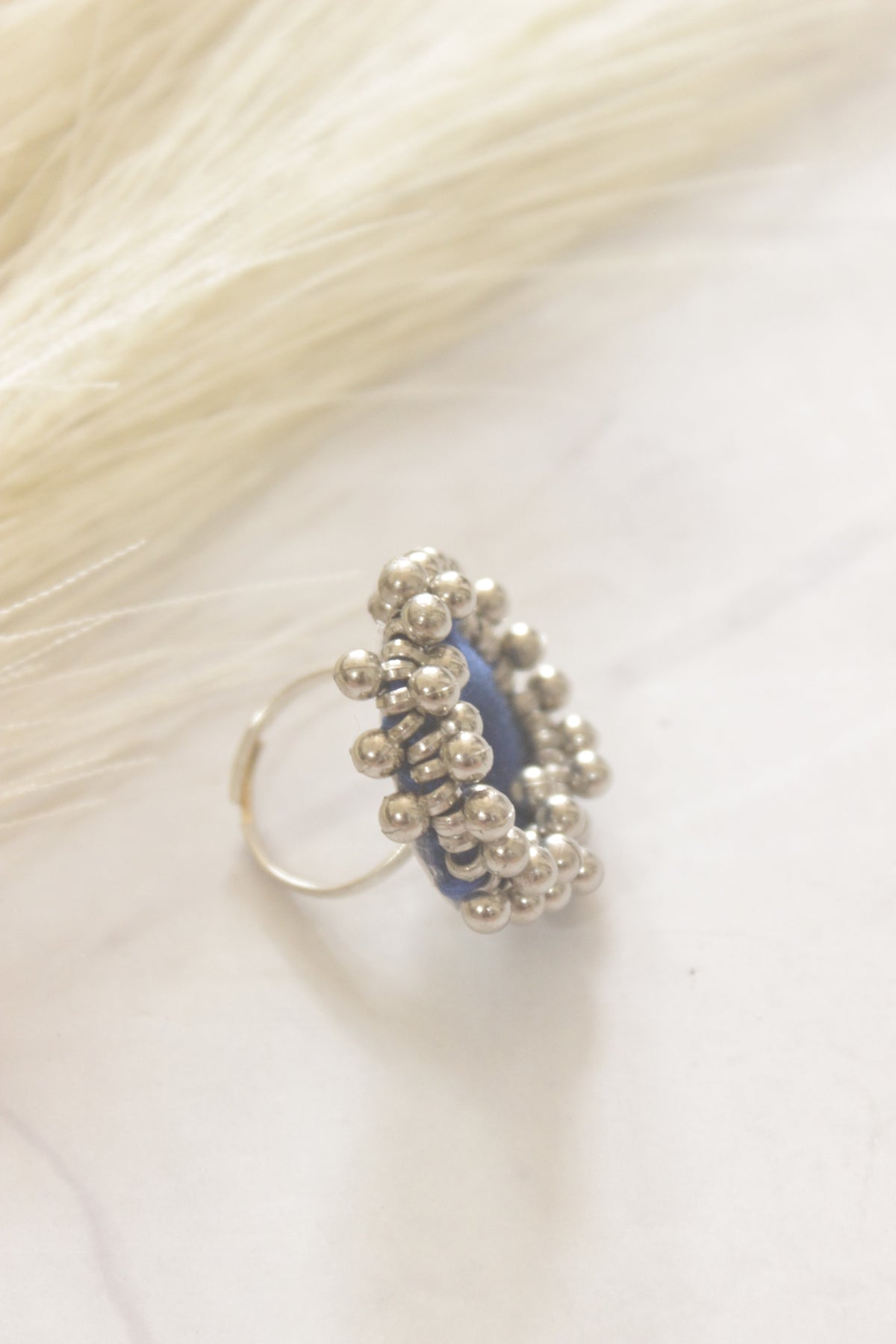 Blue Fabric, Mirror and Ghungroo Beads Adjustable Size Ring