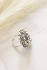 Blue Fabric, Mirror and Ghungroo Beads Adjustable Size Ring