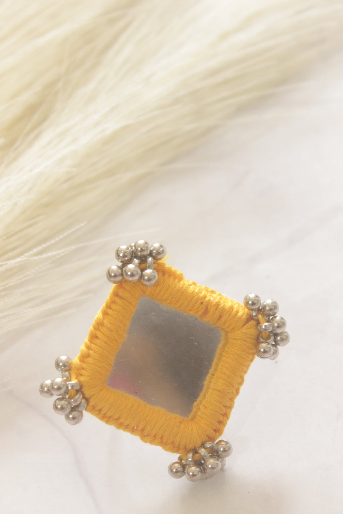 Yellow Fabric, Mirror and Ghungroos Adjustable Size Ring