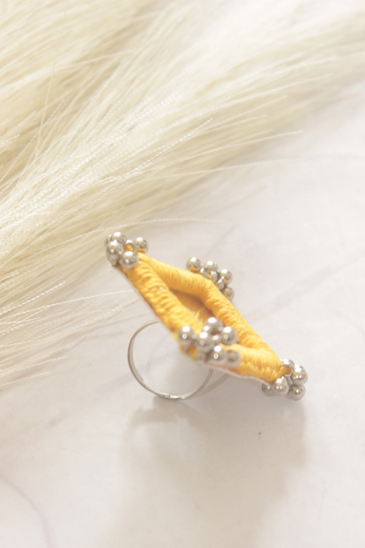 Yellow Fabric, Mirror and Ghungroos Adjustable Size Ring