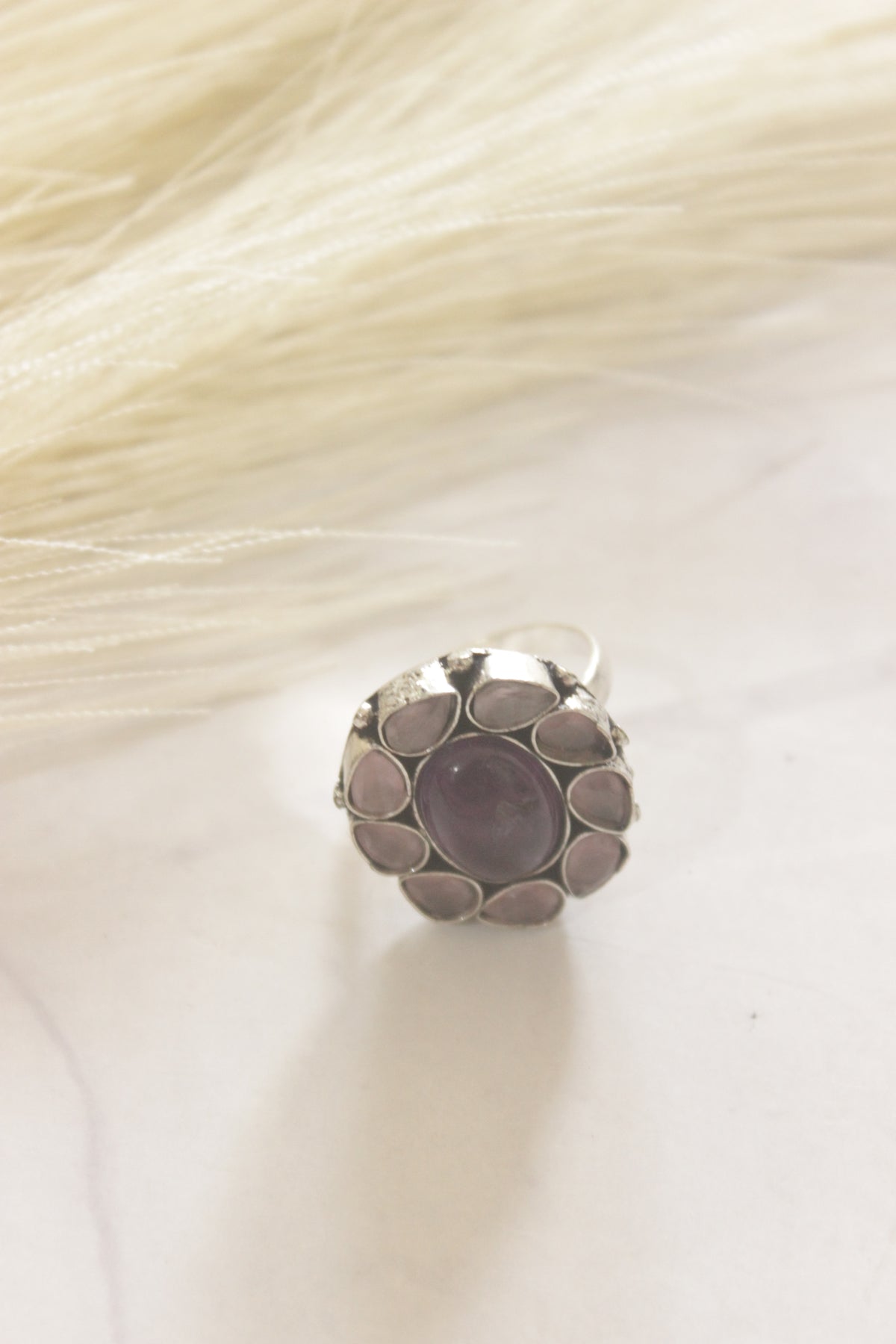 Shades of Purple Glass Stones Embedded Oxidised Finish Statement Ring