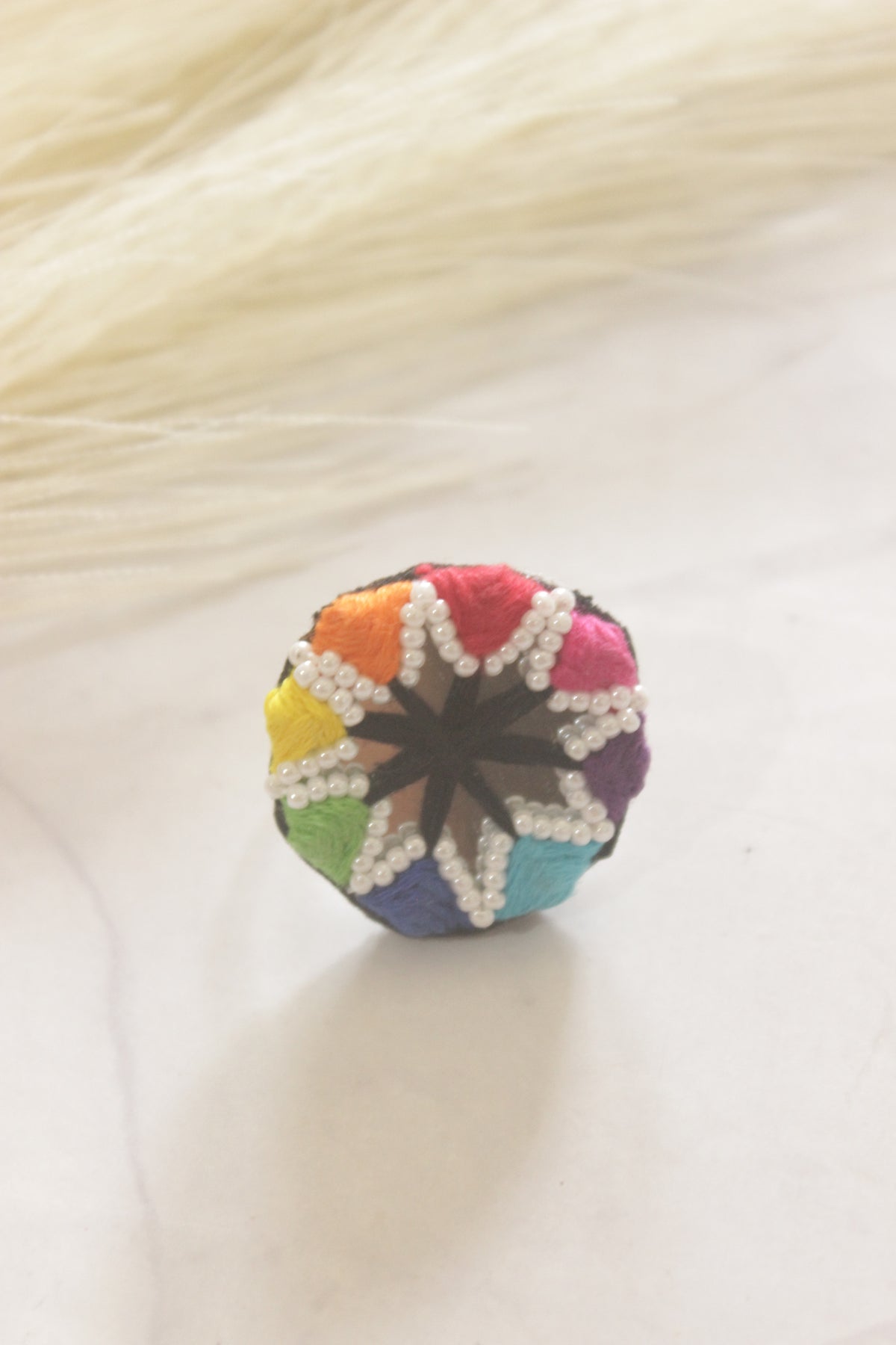 Multi-Color Fabric, Mirror and Pearls Adjustable Size Ring