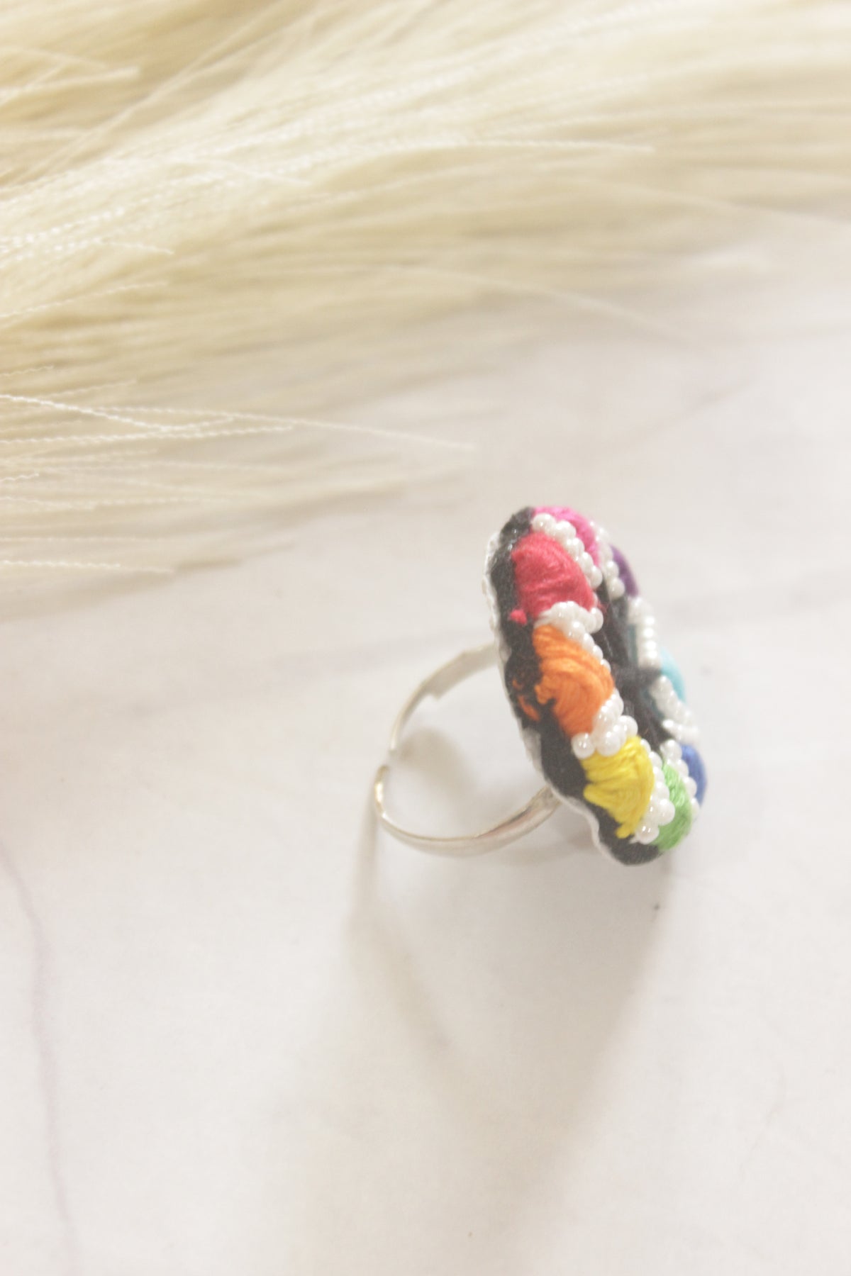 Multi-Color Fabric, Mirror and Pearls Adjustable Size Ring