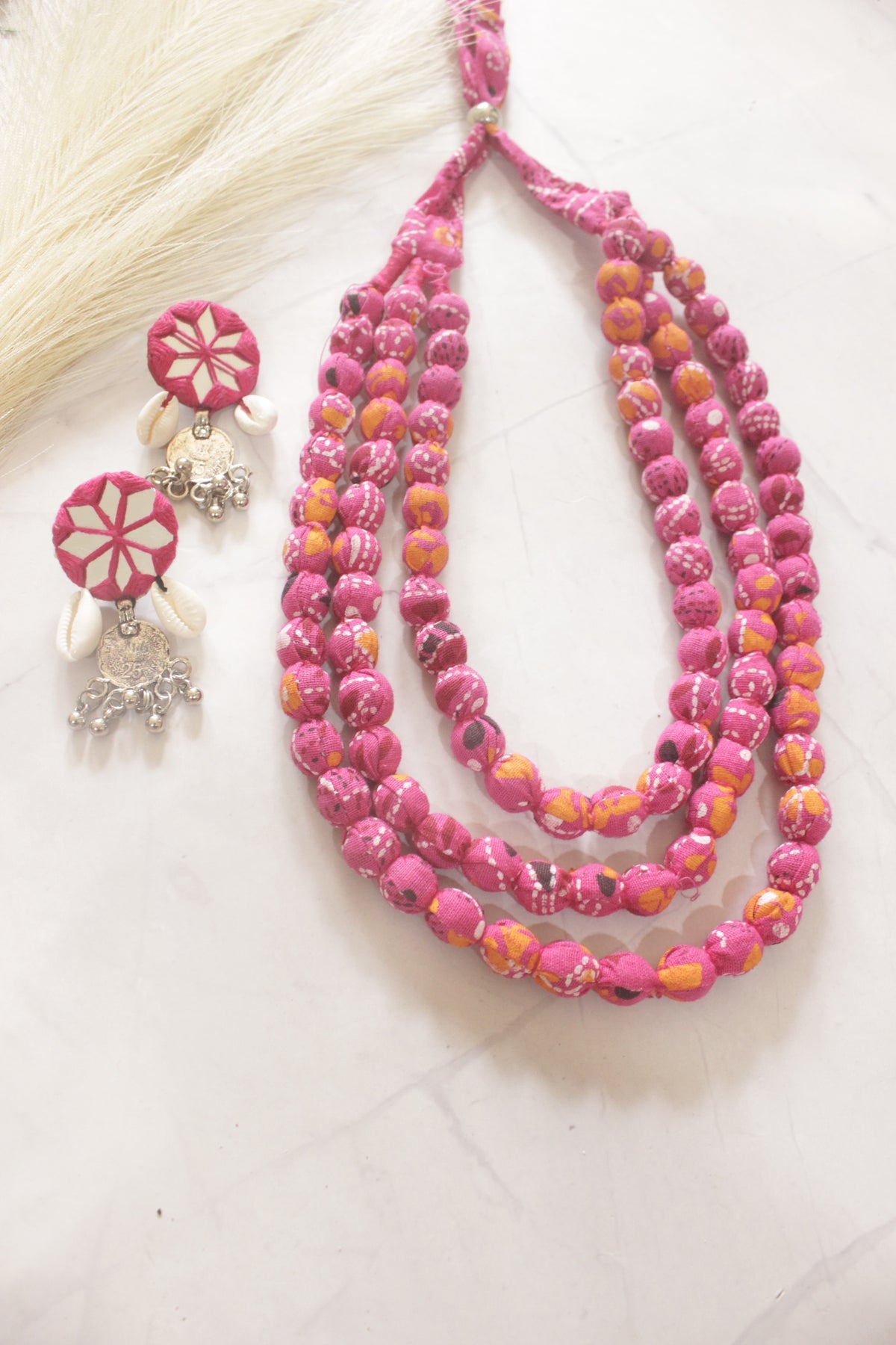 Pink Block Print Fabric Bead Necklace Set with Mirror Work Statement Earrings
