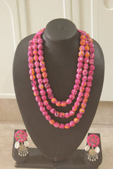 Pink Block Print Fabric Bead Necklace Set with Mirror Work Statement Earrings