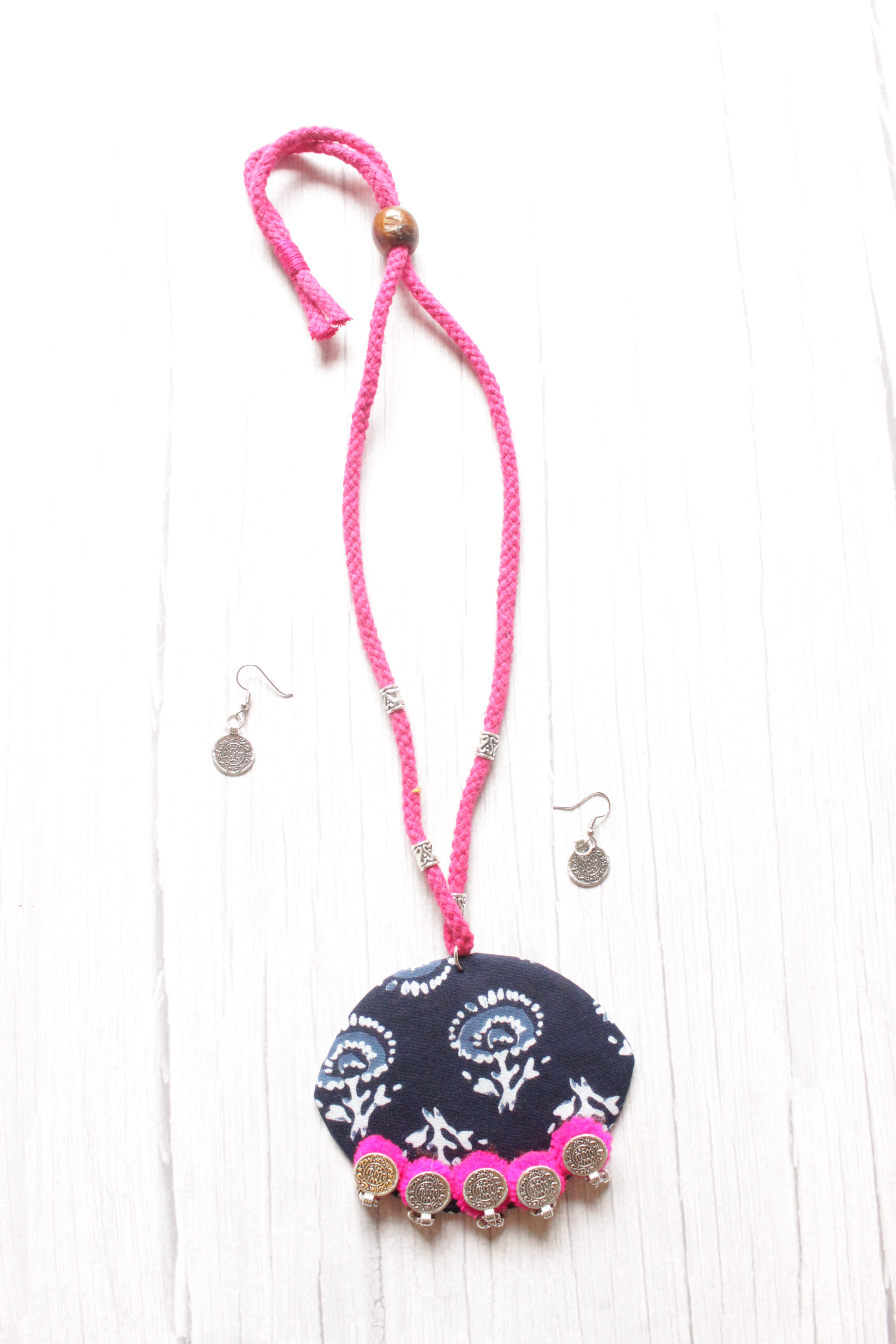 Hand Block Printed Bagru Fabric and Pom Pom and Metal Charms Necklace Set