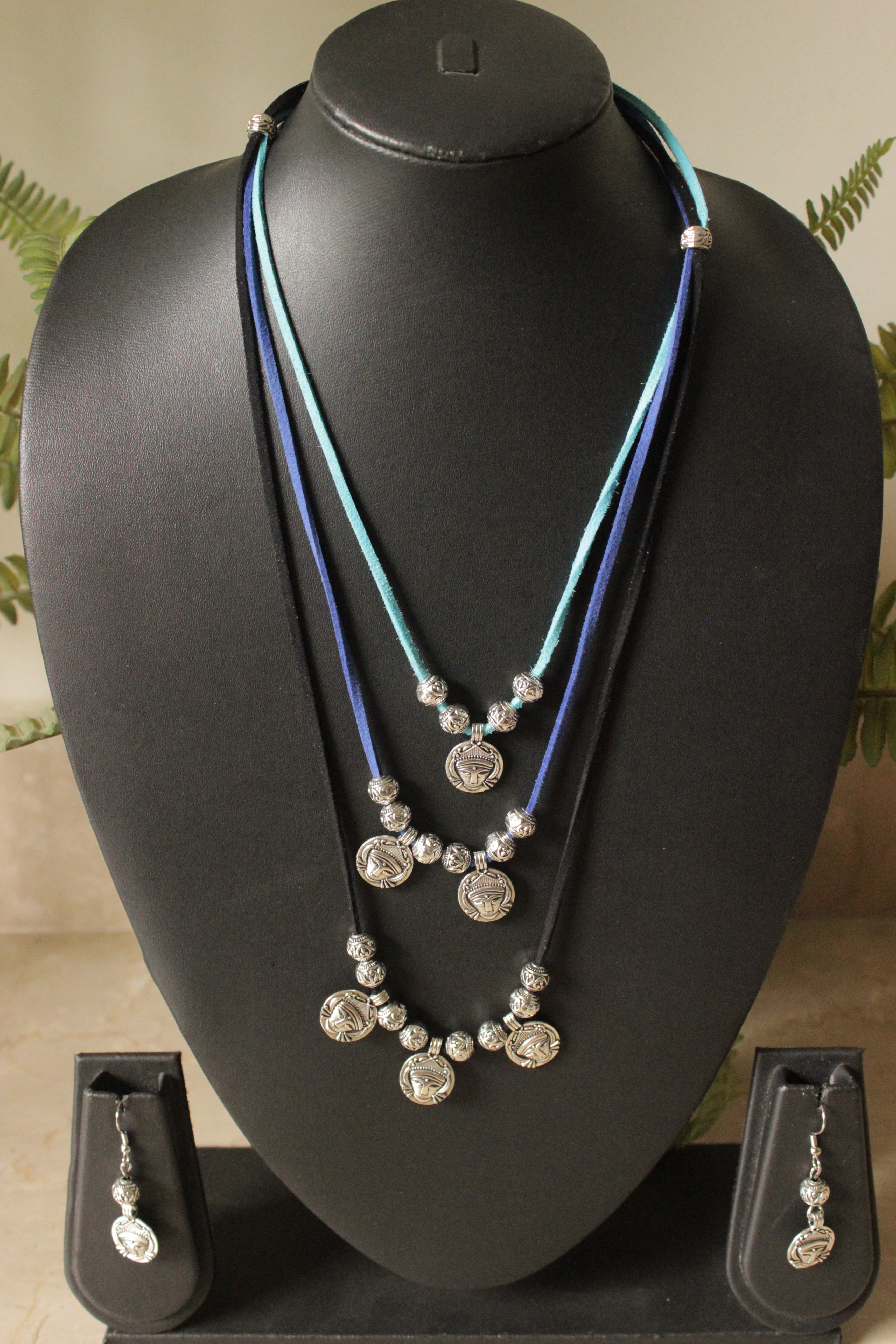 3 Layer Rope Necklace with Religious Motif Stamped Metal Charms