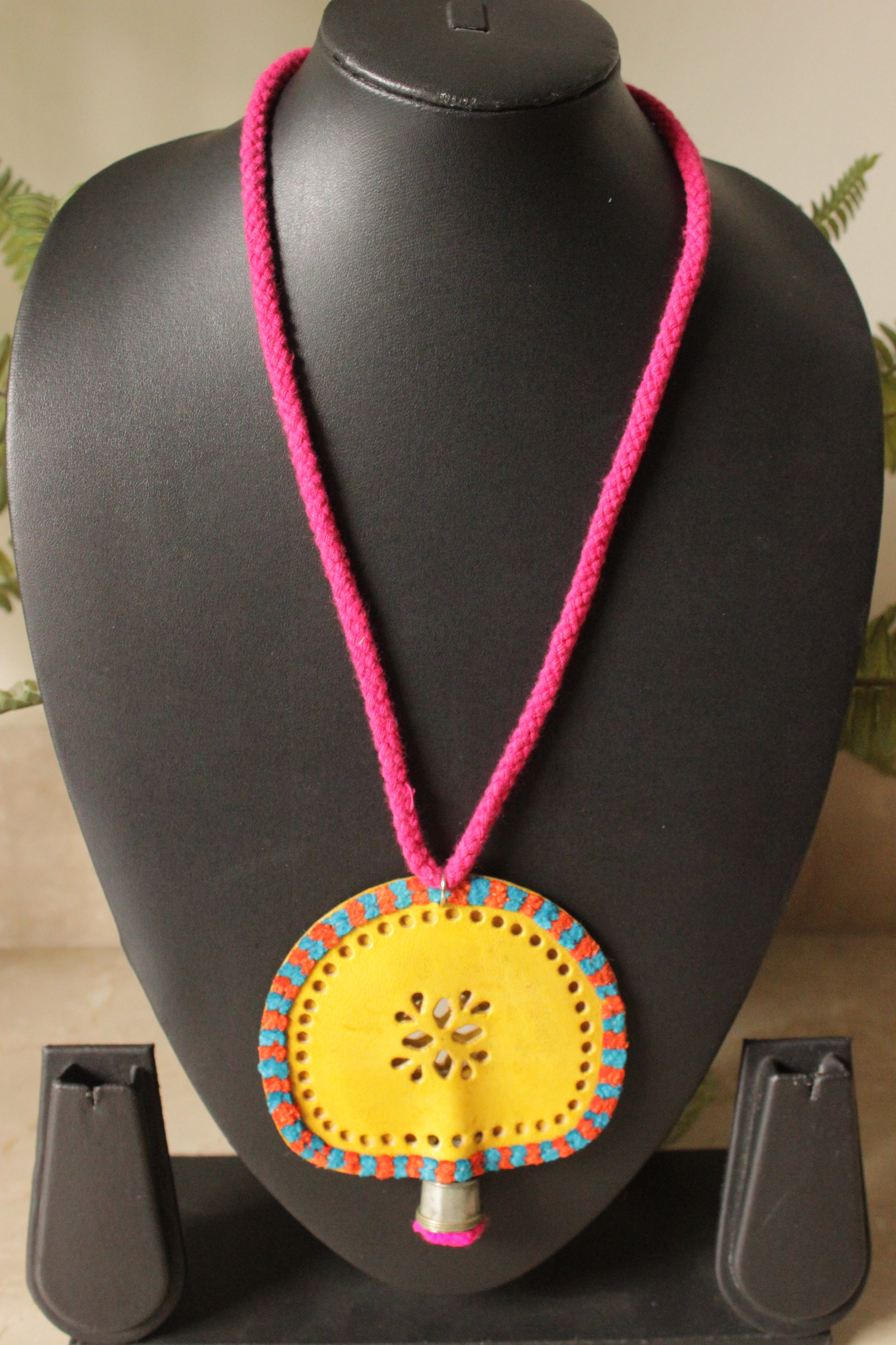 Hand Embroidered Yellow Leather Pendant Adjustable Closure Necklace