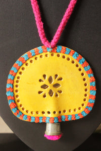Hand Embroidered Yellow Leather Pendant Adjustable Closure Necklace