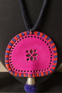 Hand Embroidered Pink Leather Pendant Adjustable Closure Necklace