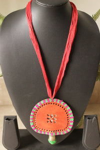 Hand Embroidered Orange Leather Pendant Adjustable Closure Necklace