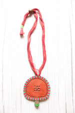 Load image into Gallery viewer, Hand Embroidered Orange Leather Pendant Adjustable Closure Necklace
