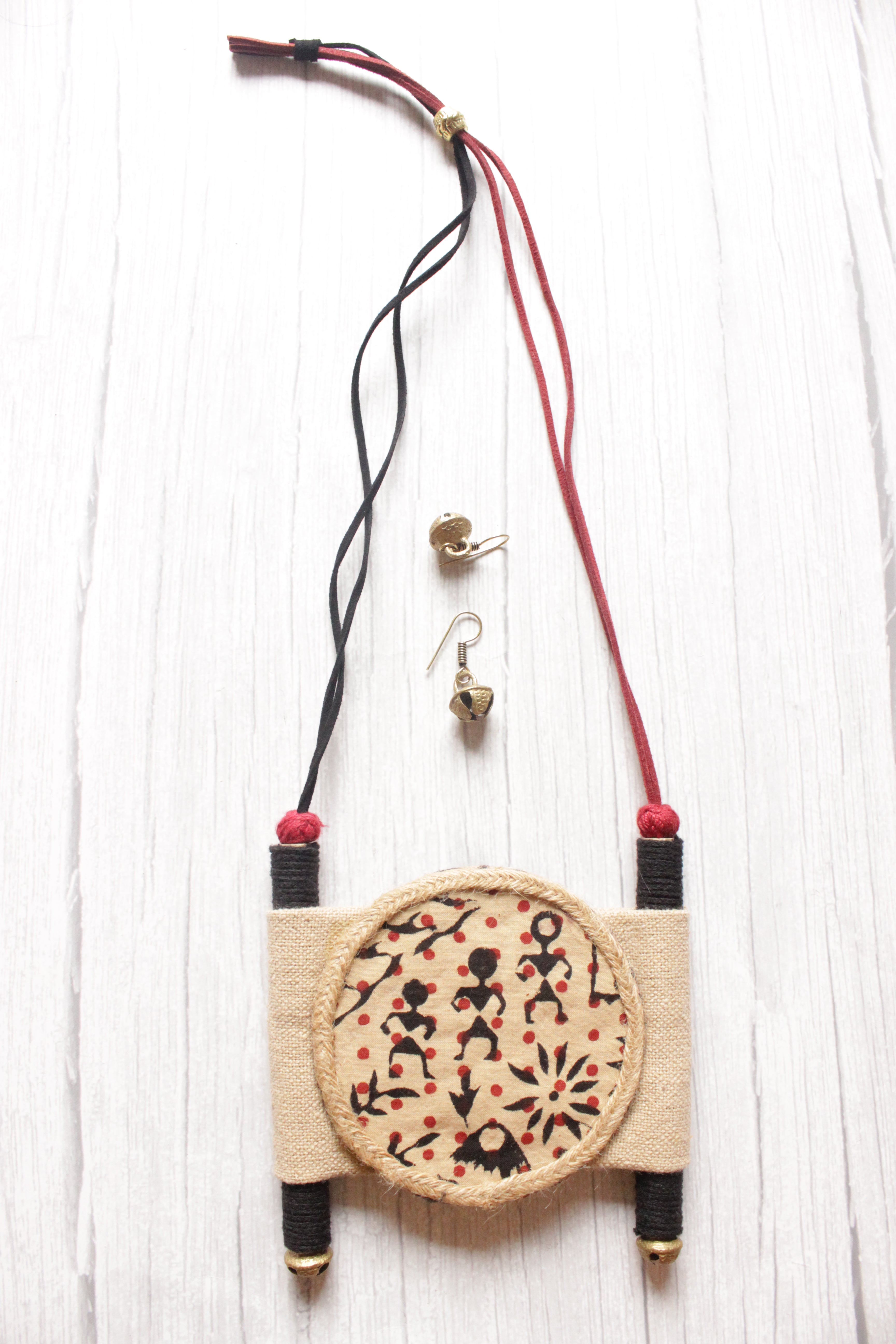 Hand Painted Tribal Motifs Fabric, Jute and Rope Necklace Set with Ghungroo Earrings