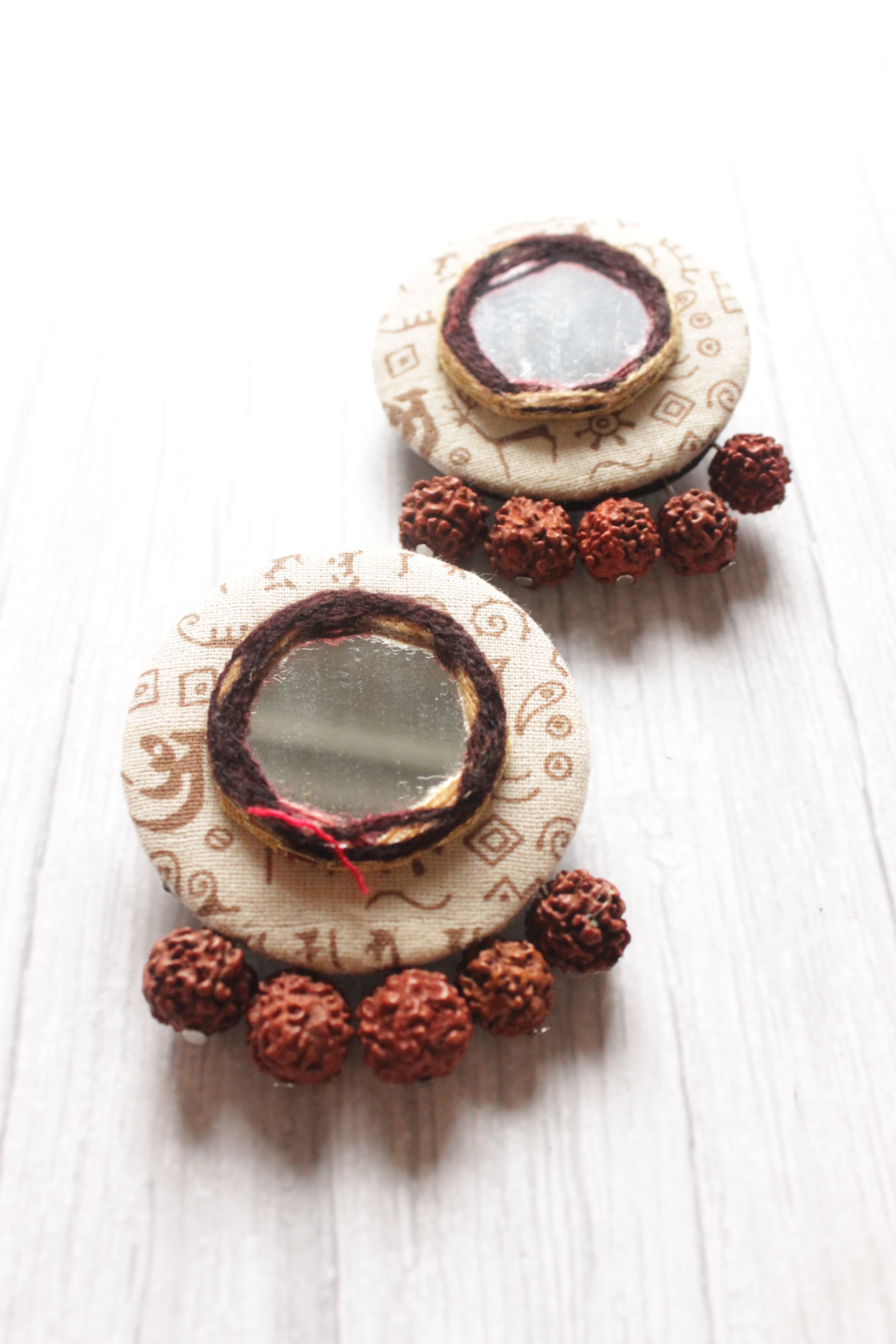 Mirror Work Handcrafted Fabric Earrings Embellished with Rudraksha Beads