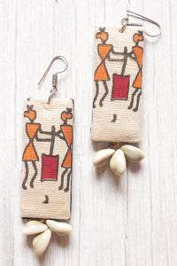 Hand Painted Tribal Motifs Fabric Earrings Embellished with Shells