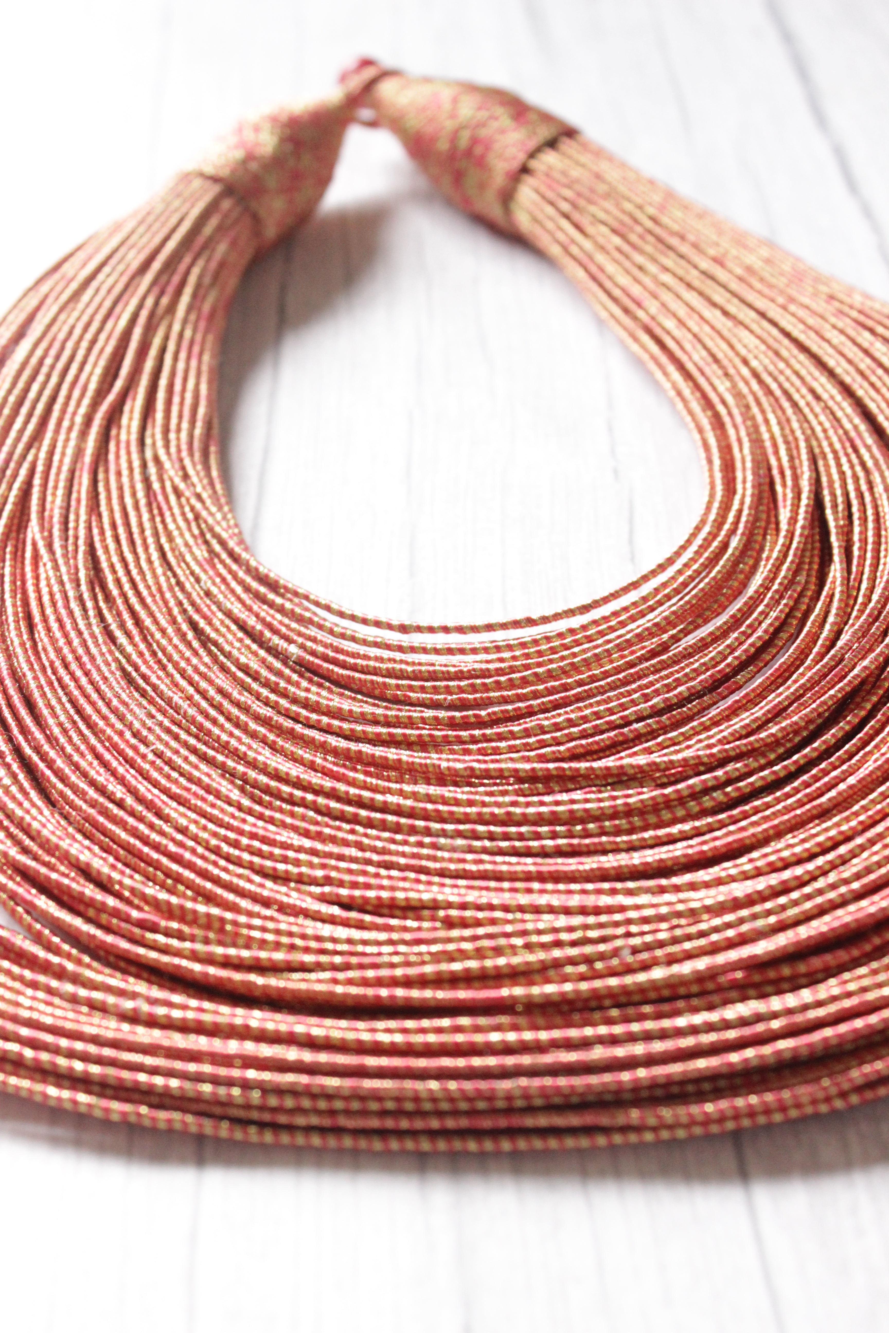 Dull Red & Golden Handmade Silk Threads Multi-Layer Statement African Choker Necklace